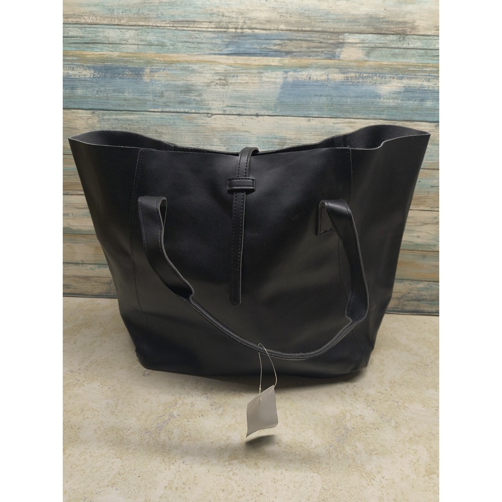 Saks Fifth Avenue Black Tote Bag Gold Hardware Logo Charm Double Handles